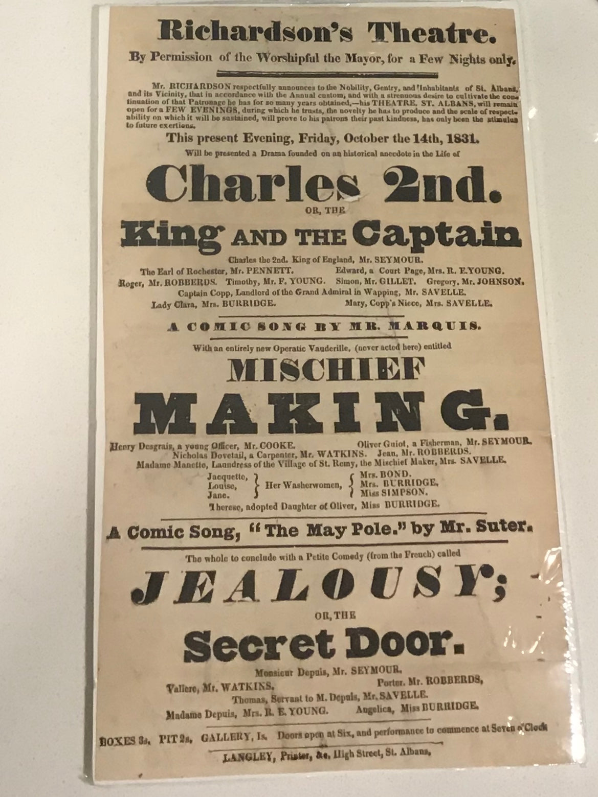 Playbill : Friday October 14th, 1831 - Charles the 2nd or, the King and Cleopatra; Mischief Making; Jealousy or, the Secret Door