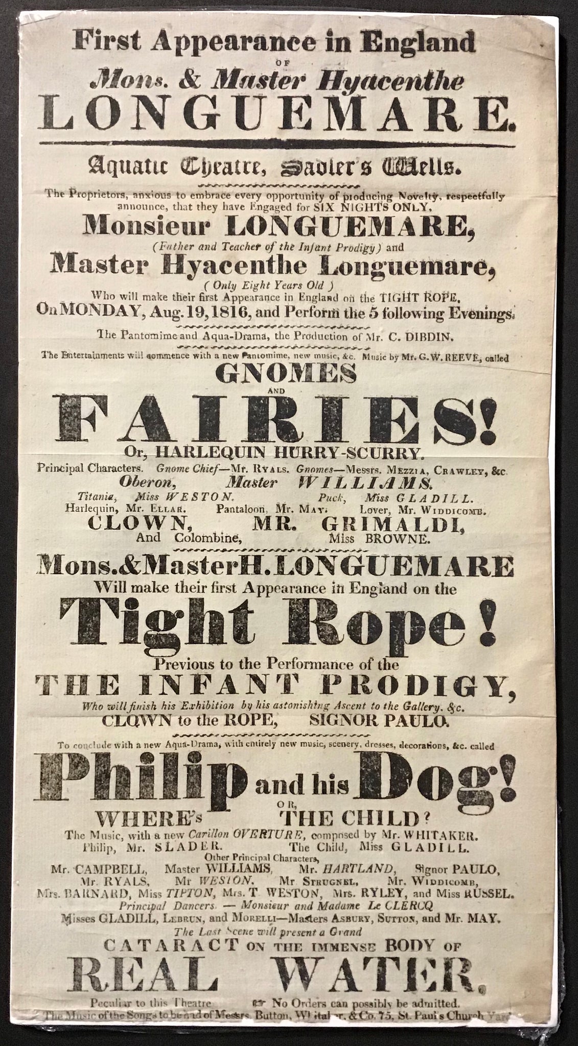 Monsieur & Master Hyacenthe Longuemare - Aquatic Theatre, Sadler's Wells - Playbill  August 19,1816(Joseph Grimaldi)